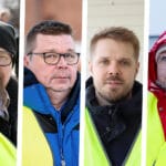 Kuvaan on yhdistetty neljän ihmisen kasvokuvat. Kaikilla on päällään huomioliivit.