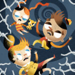 Piirretyt nainen, mies ja lapsi putoavat turvaverkon läpi.