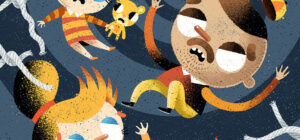 Piirretyt nainen, mies ja lapsi putoavat turvaverkon läpi.