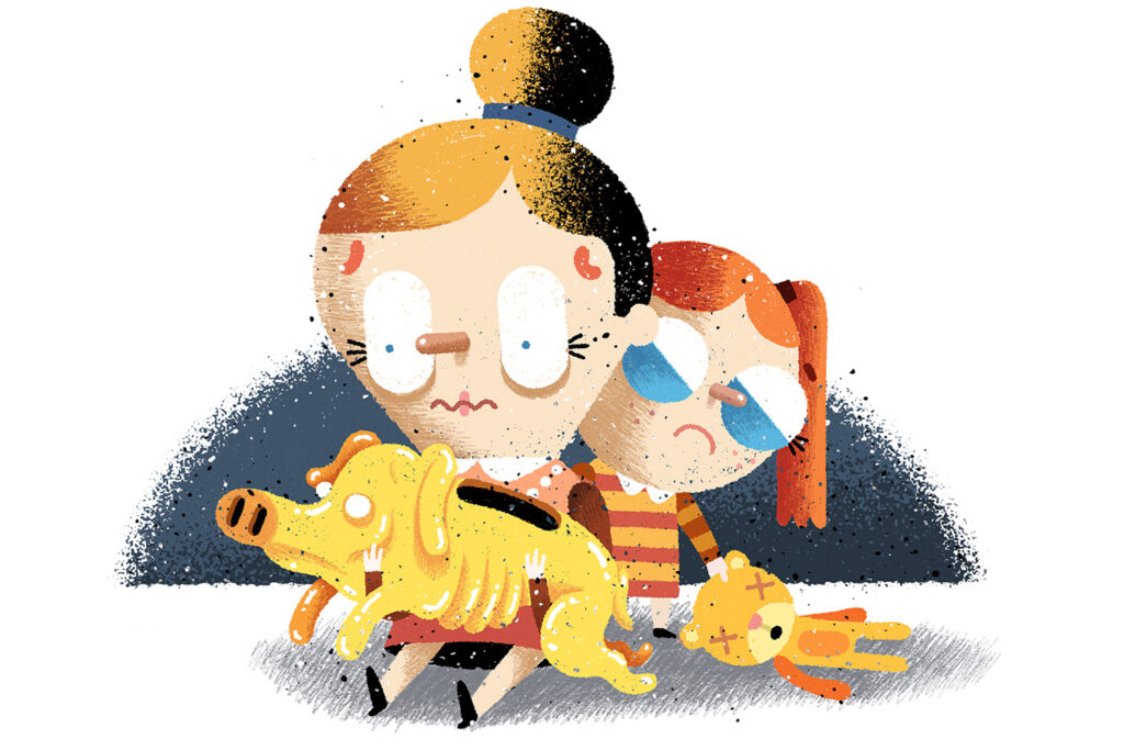 Piirretty nainen nälkiintynyt säästöpossu sylissä ja takana piirretty, itkuinen lapsi pehmonalle kädessä.