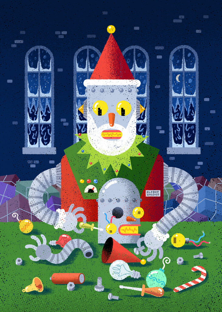 Piirros, jossa robotti kokoaa toista robottia pöydän äärellä. Robotin edessä pöydällä on erilaisia osia ja kesken oleva robotin pää. Kokoajarobotilla on parta ja jouluisat vaatteet. Takana näkyy tumma seinä, jossa on korkeita ikkunoita.