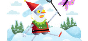 Piirros, jossa tonttulakkiin ja punaiseen takkiin pukeutunut robotti pyydystää perhosta haavilla. Takana on talvinen maisema, jossa on havupuita.