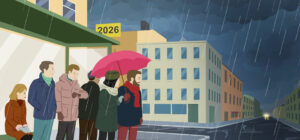 Piirroksessa joukko ihmisiä odottaa pysäkillä bussia. Bussipysäkin kyltissä on vuosiluku 2026. Lähestyvän bussin valot näkyvät horisontissa.