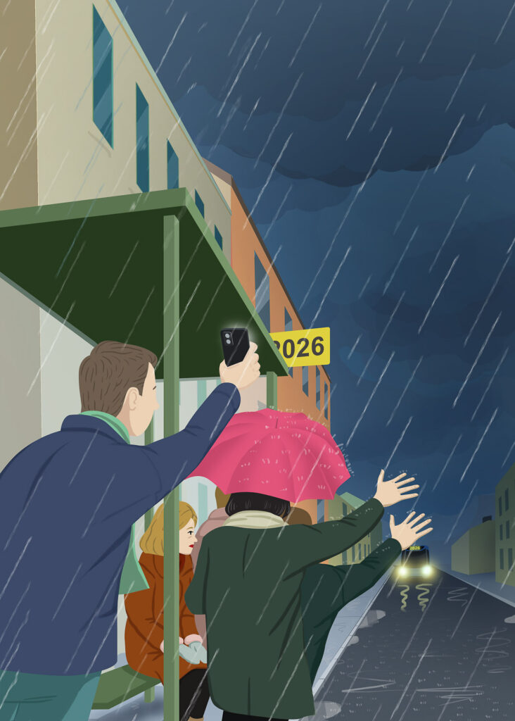 Piirroksessa joukko bussipysäkillä olevia ihmisiä viittoo lähestyvää bussia pysähtymään. Sää on synkän sateinen. Bussipysäkin kyltissä lukee vuosiluku 2026.