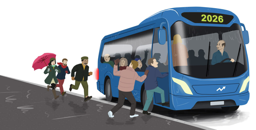 Piirroksessa joukko ihmisiä nousee pysähtyneen bussin kyytiin. Bussin keulan näyttötaululla on vuosiluku 2026.