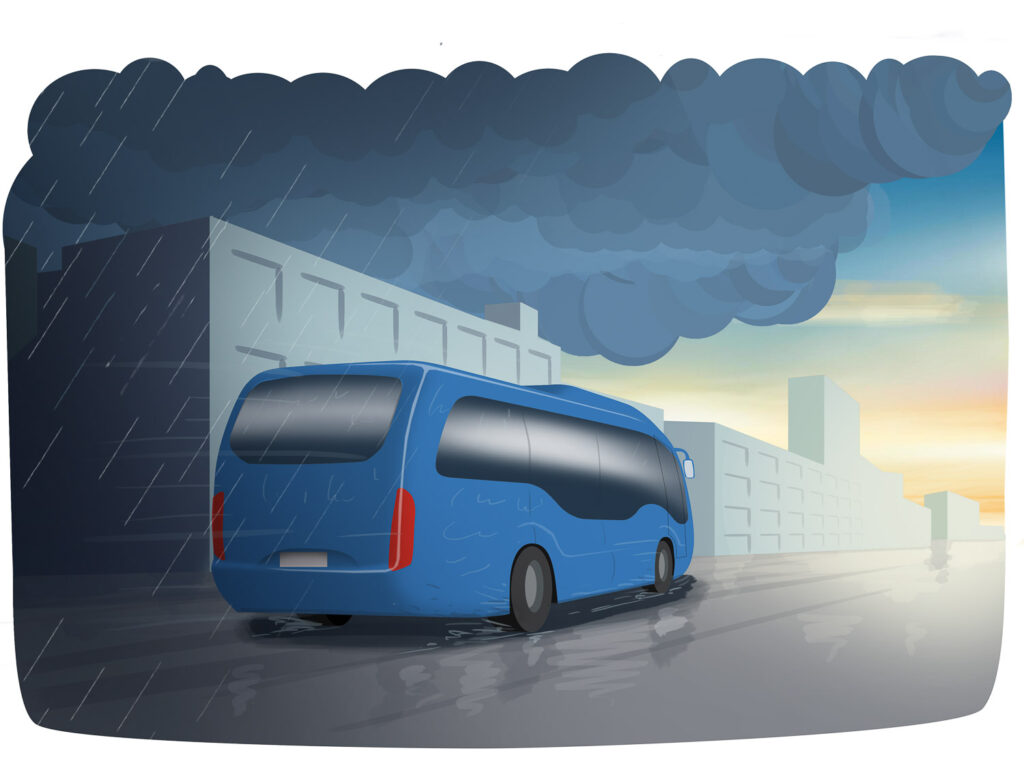 Piirroksessa bussi ajaa pois päin katsojasta. Takana sää on synkän sateinen. Edessä häämöttää auringonvalo.