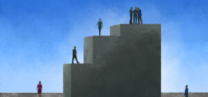 Piirroskuvitus, jossa on pieniä ihmishahmoja portailla, jotka kuvaavat Teollisuusliiton ammattiosastojen jäsenmaksupalautuksen portaita.