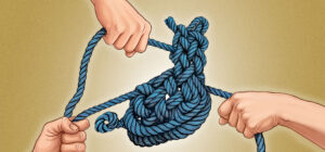 Kuvassa Suomen muotoinen solmu, josta kolme kättä vetää naruja eri suuntiin.