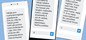 Kuvassa on kolme matkapuhelinta, joiden ruuduilla näkyy tekstiviesti.