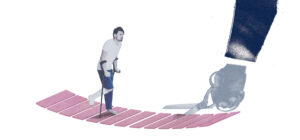 In the image, a person is walking across a suspension bridge with the help of walking poles. The bridge symbolizes a sick leave certificate, and from the side a large hand reaches in, cutting the bridge in half with a pair of scissors.