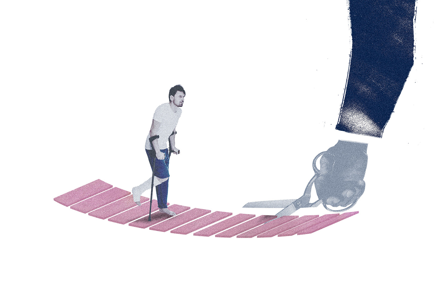 In the image, a person is walking across a suspension bridge with the help of walking poles. The bridge symbolizes a sick leave certificate, and from the side a large hand reaches in, cutting the bridge in half with a pair of scissors.